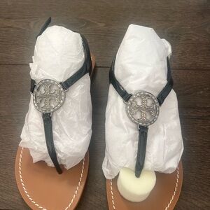 Black and Brown Sandals with Silver Logo